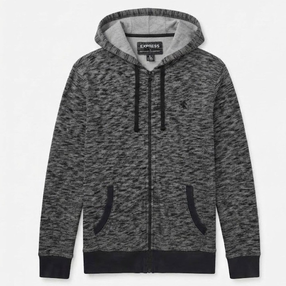 Express Mens XL Full Zip Hoodie Black White Space Dye Marled Cotton Sweatshirt